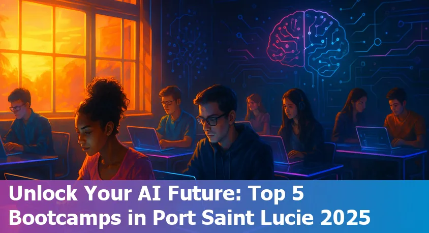 Laptop with coding screen and Port Saint Lucie city skyline representing AI bootcamps in Florida in 2025.