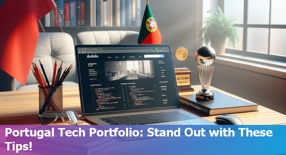 Tips for Building a Stand-Out Tech Portfolio in Portugal with landmarks and tech symbols.