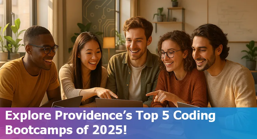 A diverse group of coding bootcamp students collaborating at a modern workspace in Providence, Rhode Island.