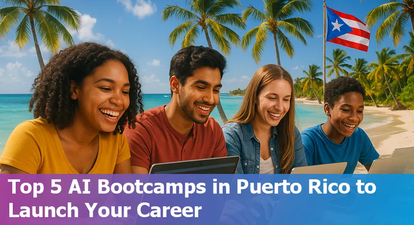 Group of diverse beginner students learning AI in a Puerto Rico classroom with laptops and a digital presentation.