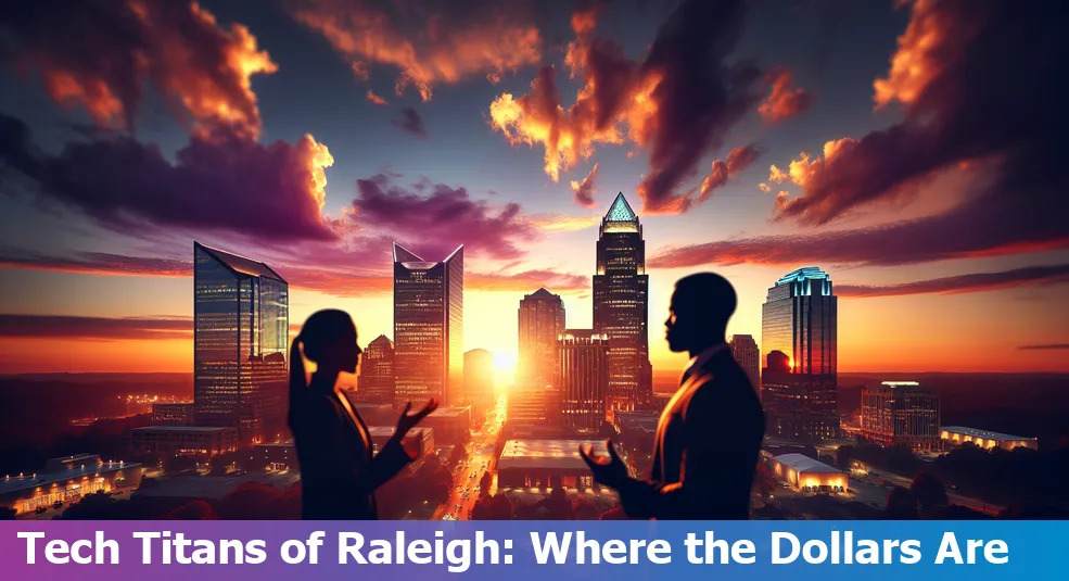 Skyline of Raleigh with tech companies highlighted, North Carolina, US.