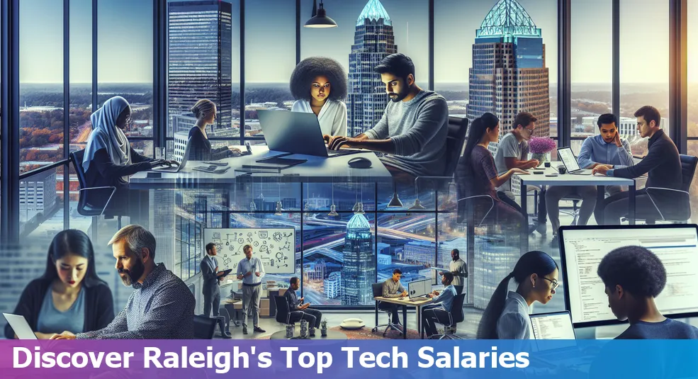 Raleigh city skyline with tech career icons.