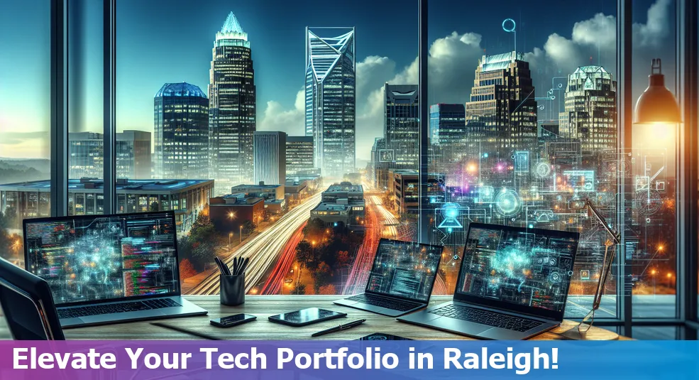 Raleigh skyline with tech elements, representing building a standout portfolio in North Carolina.