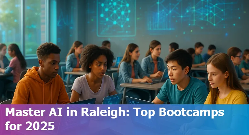 AI bootcamp students learning together in a Raleigh, North Carolina classroom with laptops and notes in 2025.