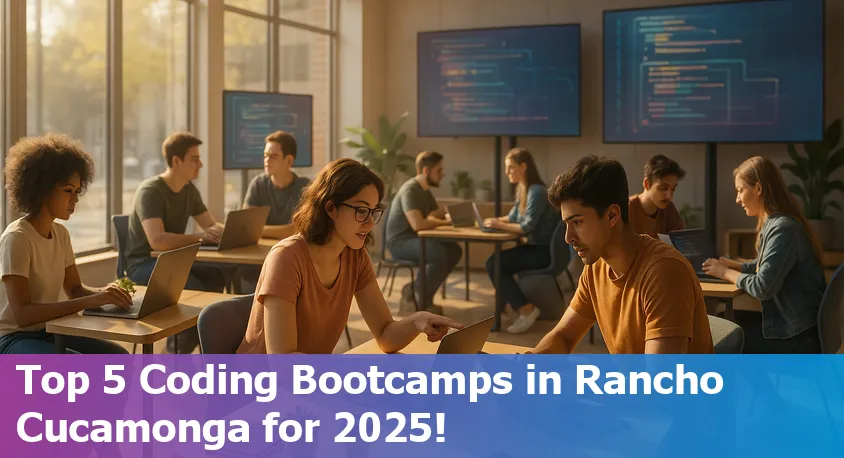 Students learning web development on laptops at a vibrant coding bootcamp in Rancho Cucamonga, California, 2025.