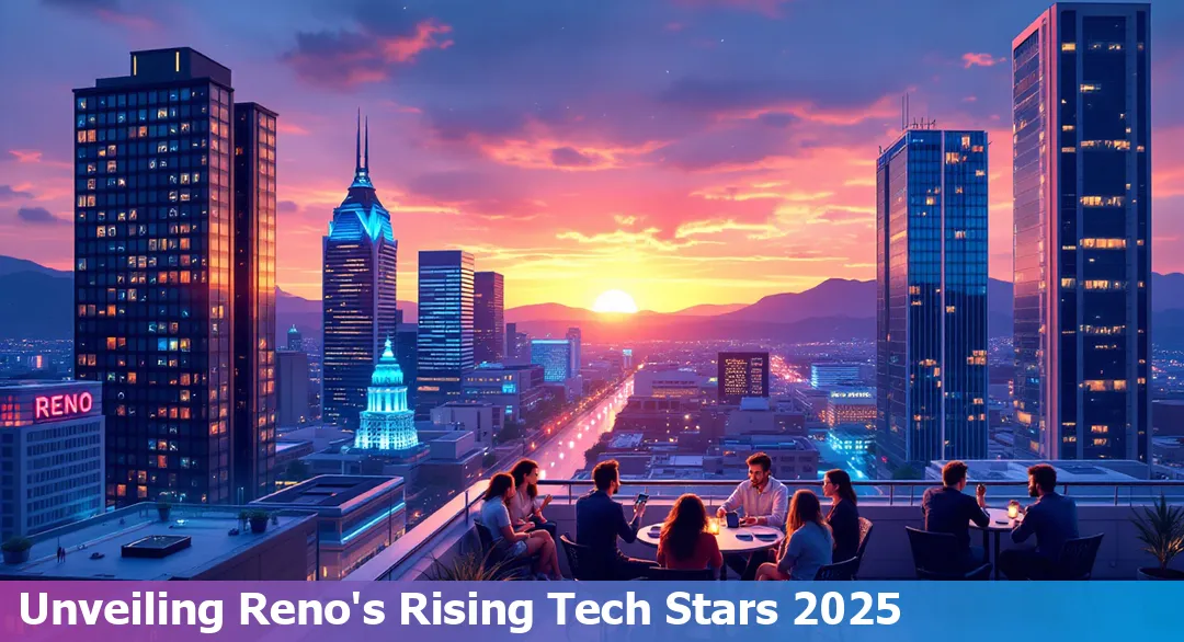 Reno skyline with tech startup icons representing innovation and growth in the city.
