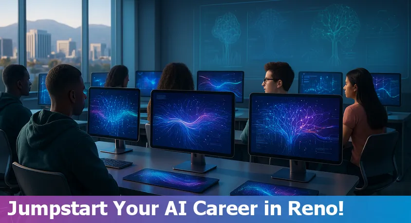 Reno city skyline with technology and artificial intelligence icons overlay, symbolizing AI education.