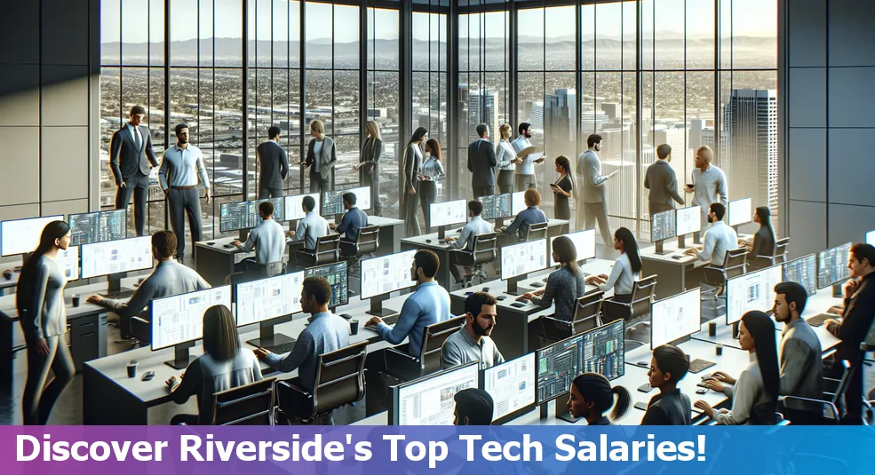 Skyline of Riverside, California with tech icons representing high-paying tech jobs.