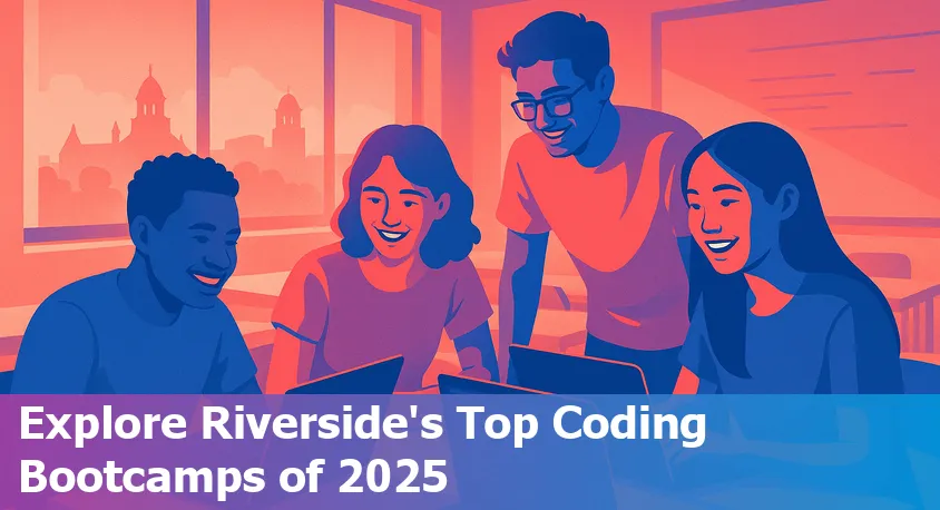 Students collaborating and coding together at a Riverside California bootcamp classroom with laptops and project boards.