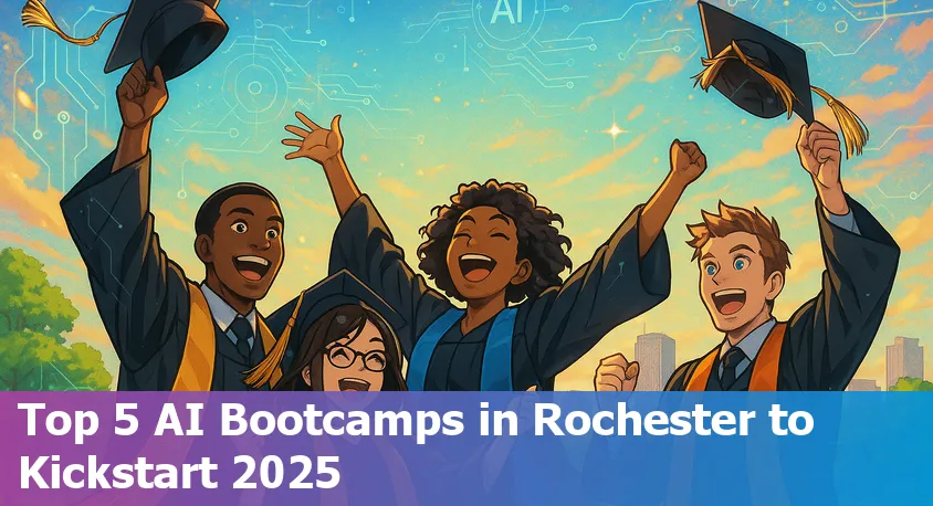Students attending an AI bootcamp in Rochester, Minnesota in 2025, working on laptops and collaborating in a modern classroom.