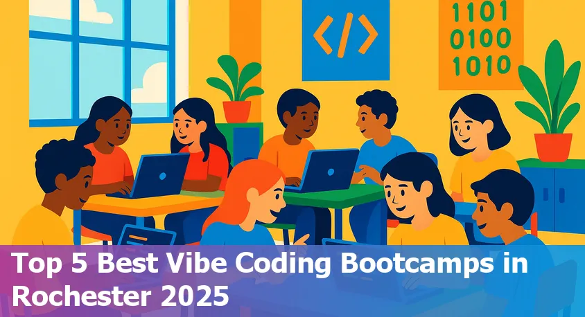 Five diverse coding students in Rochester, Minnesota learning online and collaborating on laptops in a vibrant, inclusive environment.