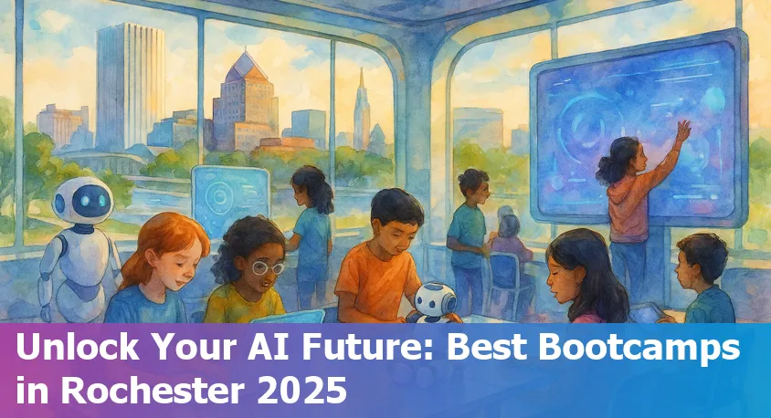 A group of diverse students in Rochester, NY, learning AI together in a classroom and online setting.