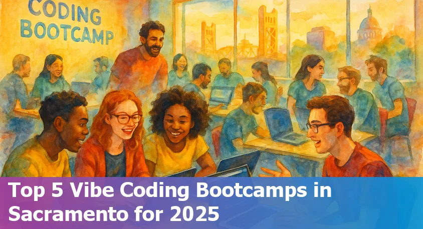 Group of diverse Sacramento coding bootcamp students collaborating on laptops in a modern classroom, 2025.