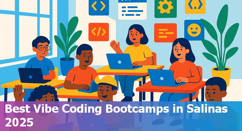 Excited coding bootcamp students collaborating in a bright classroom in Salinas, California, 2025.