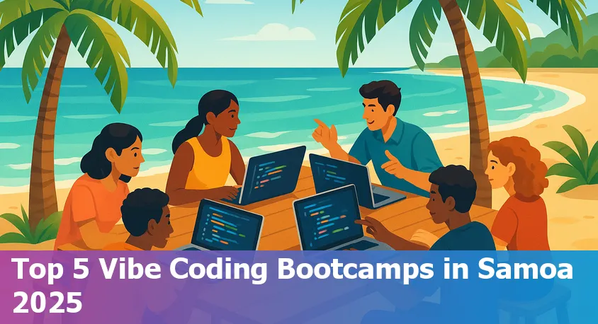 A group of diverse beginners coding together at a vibrant bootcamp in Samoa.