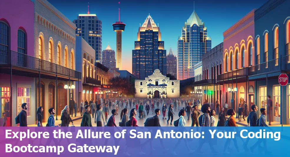 Silhouette of San Antonio city skyline with binary code overlay representing coding bootcamp