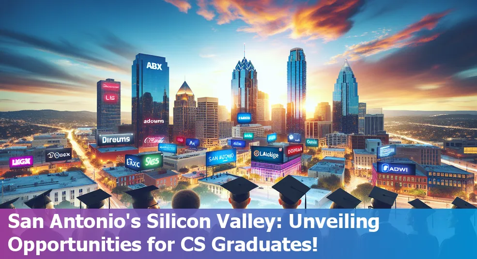 An illustration showing a vibrant tech scene in San Antonio with computer science graduates exploring opportunities.