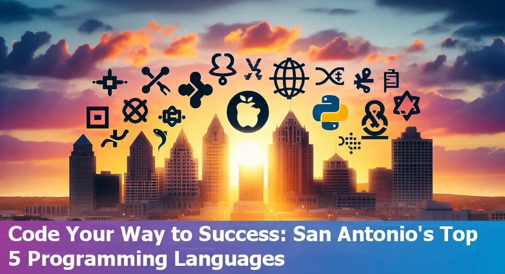 Map highlighting San Antonio, with icons representing different programming languages