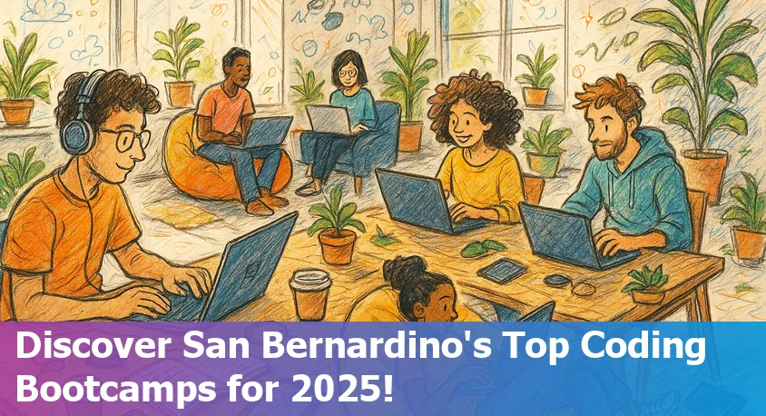 Students in a vibrant coding bootcamp collaborating in a San Bernardino classroom with laptops and whiteboards, 2025.