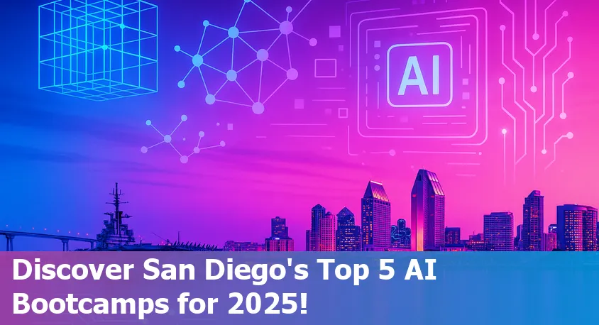 San Diego cityscape with icons of artificial intelligence, coding, and learning to represent AI bootcamps in 2025.