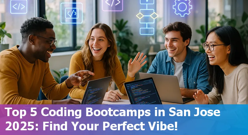 A diverse group of beginner coders collaborating at a San Jose bootcamp, surrounded by laptops and vibrant tech vibes.
