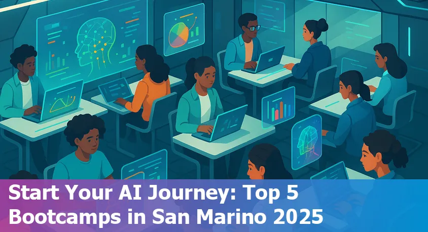 San Marino cityscape alongside digital AI icons, representing top AI bootcamps for beginners in 2025.