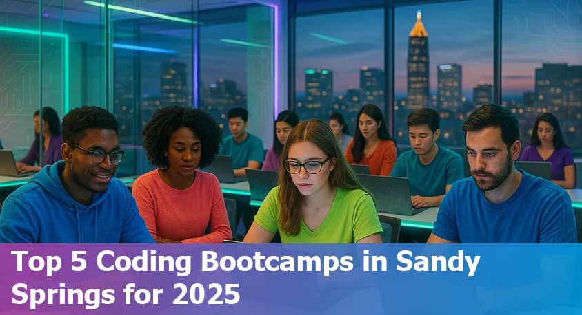 Five diverse students collaborating on laptops at a modern coding bootcamp in Sandy Springs, Georgia