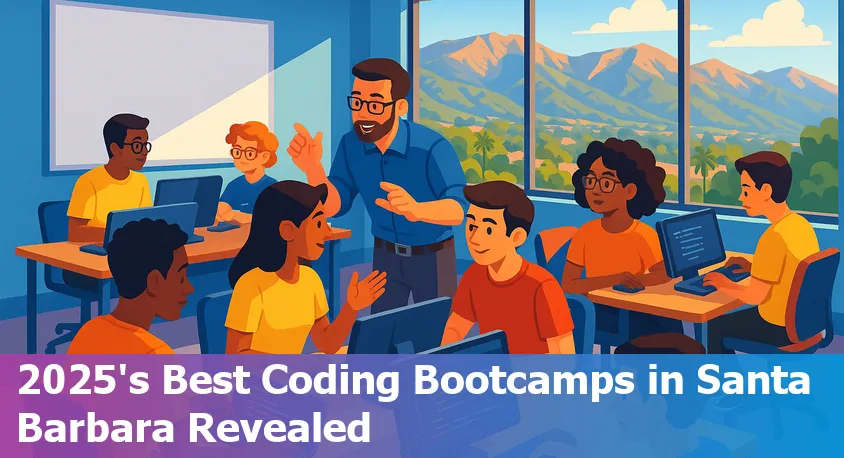 Santa Barbara coding students studying with laptops at a modern California bootcamp in 2025
