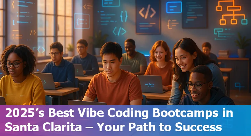 Santa Clarita coding bootcamp students collaborating on laptops in a modern classroom, 2025.