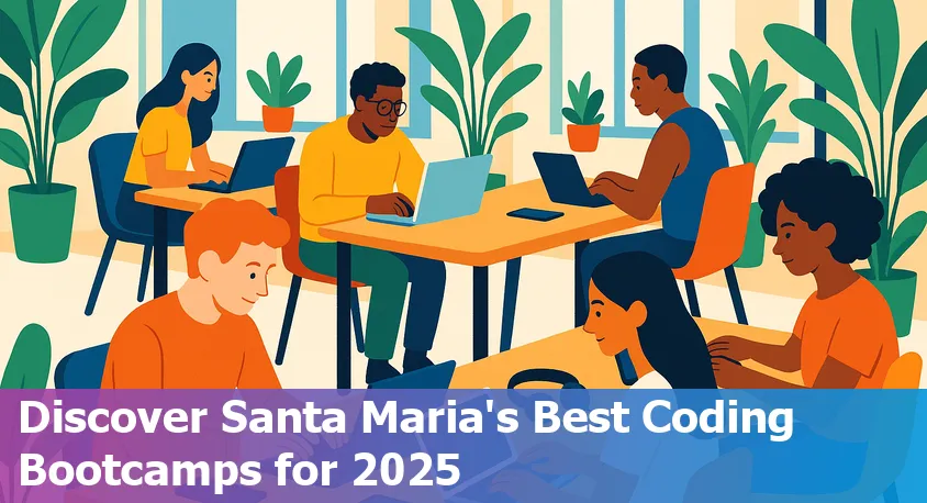 Santa Maria coding bootcamp students collaborating on AI projects in a modern classroom, 2025.
