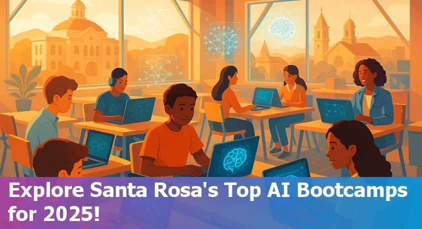 Santa Rosa skyline with AI bootcamp icons and diverse students learning technology online.