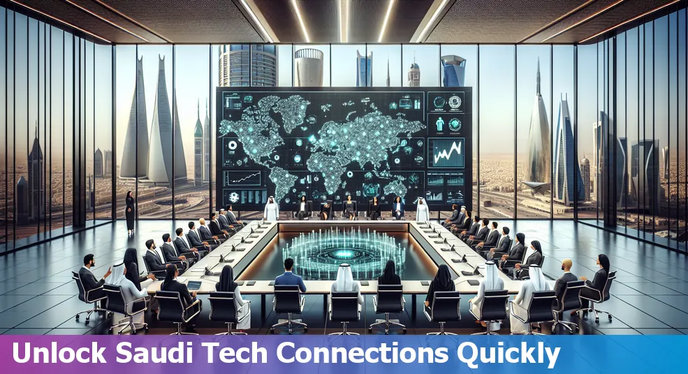 Business professionals networking at a tech conference in Saudi Arabia.