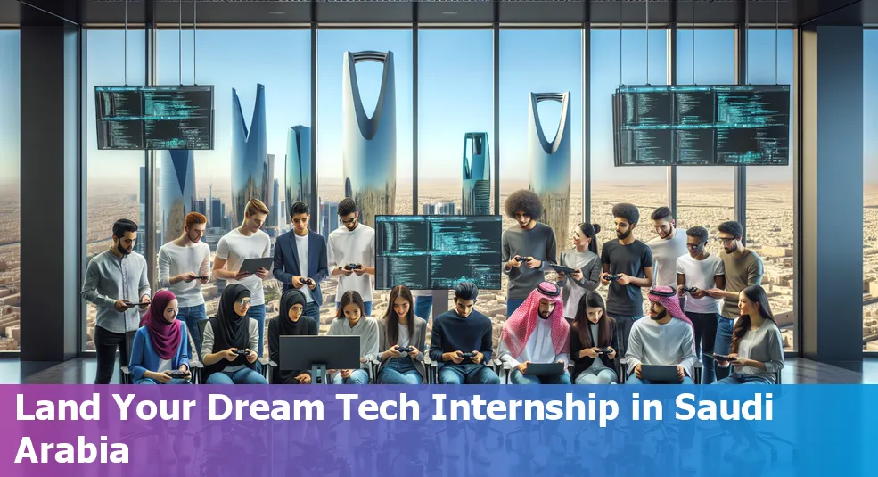 Infographic of top 10 tech internships in Saudi Arabia featuring logos of top companies like KAUST, Saudi Aramco, and Microsoft.