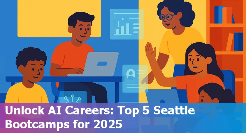 Seattle cityscape with modern tech-themed graphics, representing AI bootcamps and learning in 2025.