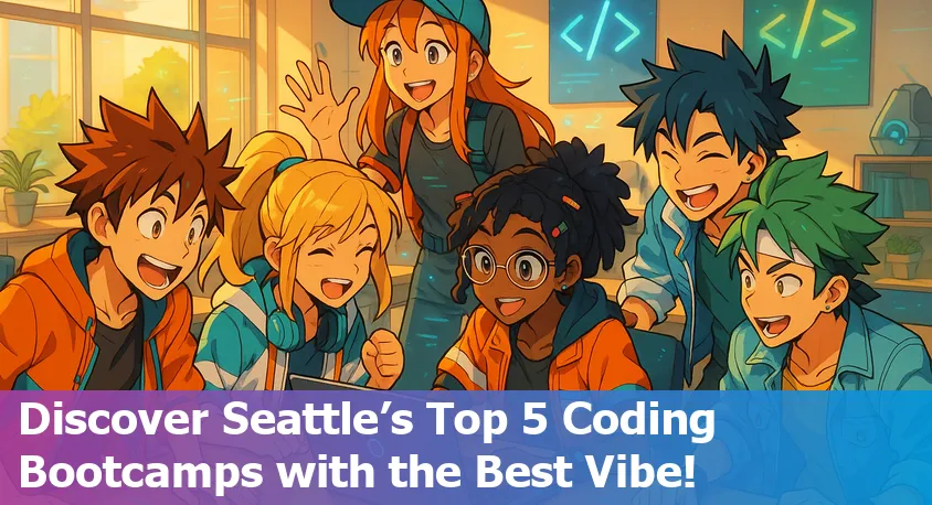 Seattle skyline with coding students collaborating in a vibrant classroom, symbolizing best vibe bootcamps in 2025.
