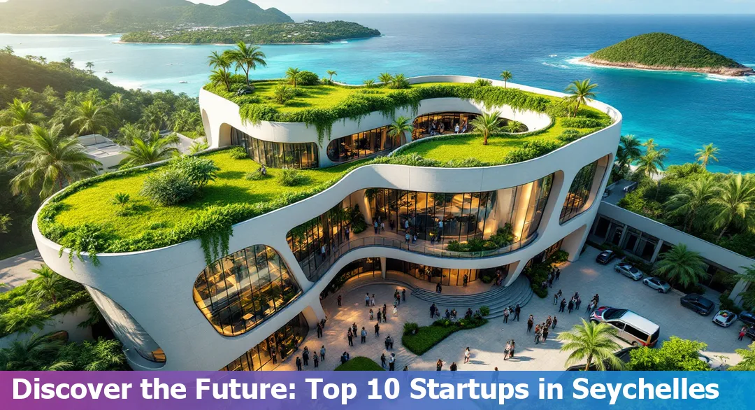 A vibrant illustration of Seychelles with digital tech symbols, showcasing its emerging startup ecosystem in 2025.