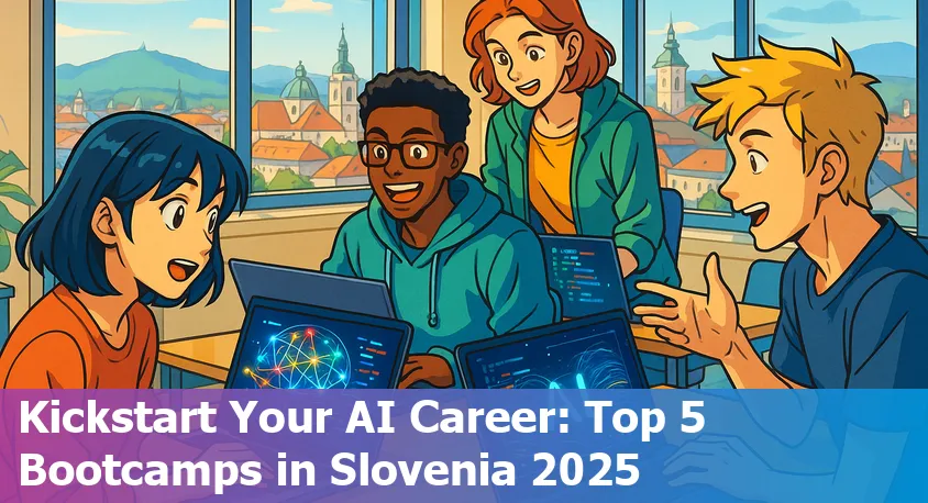 A diverse group of students in Slovenia studying AI together, with laptops and digital notes.