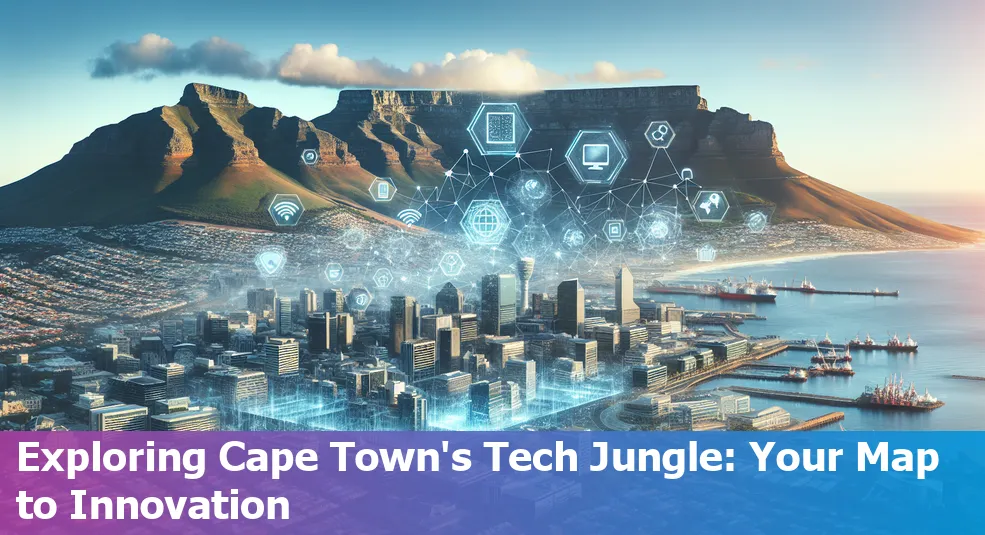 Skyline of Cape Town with tech icons illustrating the city's growing tech ecosystem