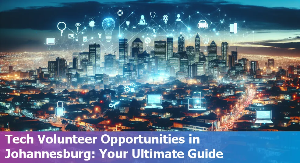 Johannesburg skyline with icons representing tech volunteering opportunities