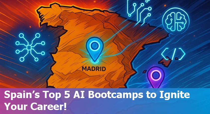 Students collaborating on AI projects at a modern bootcamp in Spain, surrounded by tech and learning resources.