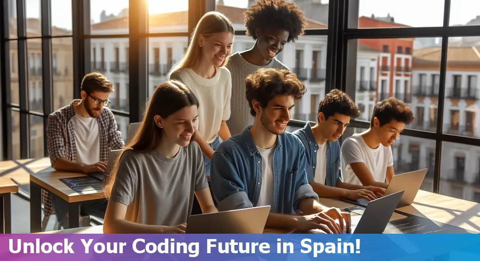 Students coding together at a bootcamp in Spain, representing affordable coding education.