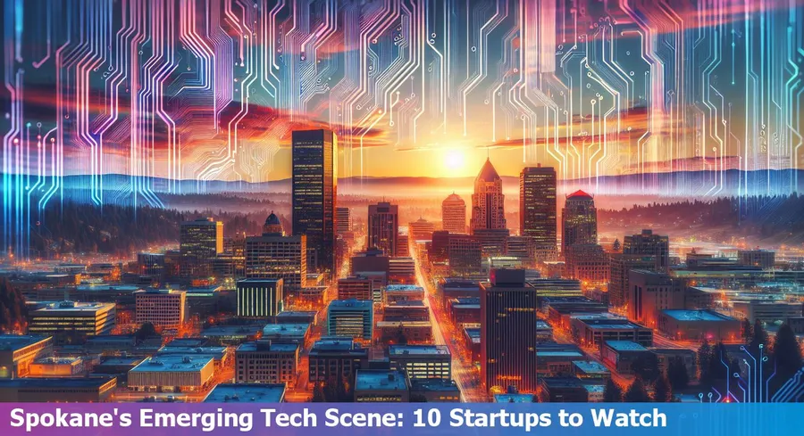 The Spokane skyline with tech startup logos superimposed, representing the top 10 tech companies to watch.