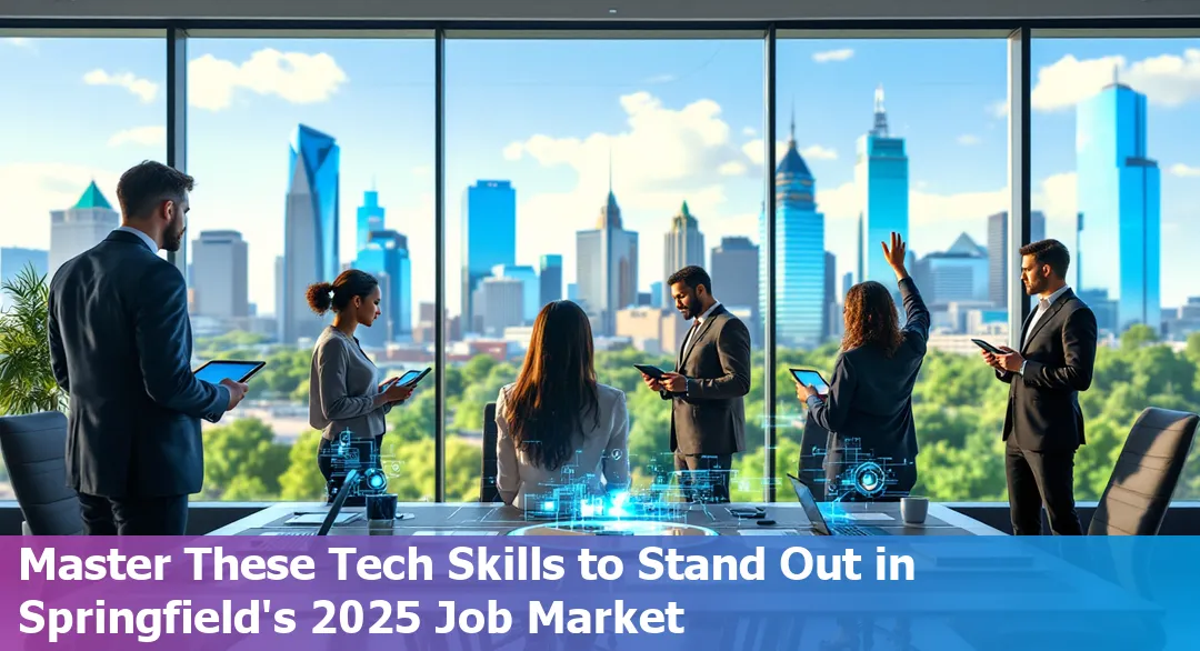 Springfield cityscape with tech icons representing essential skills in 2025.