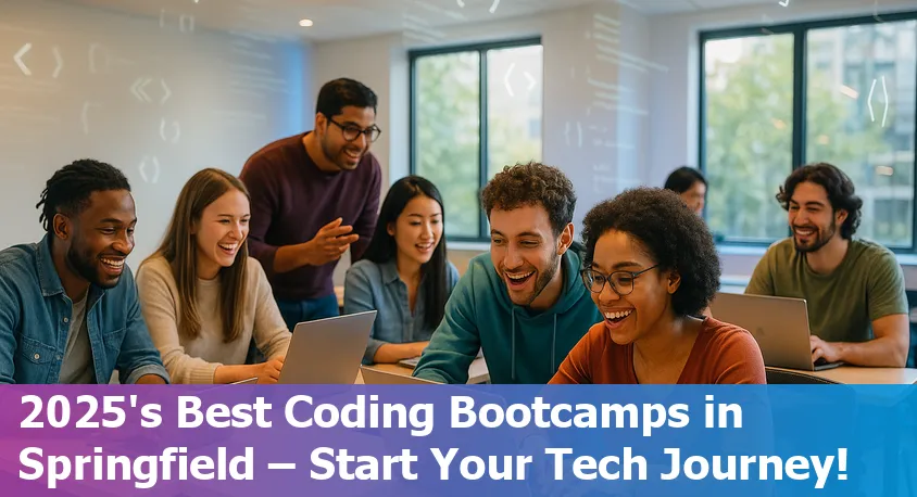Diverse students coding together online with Springfield, Missouri city skyline in the background.