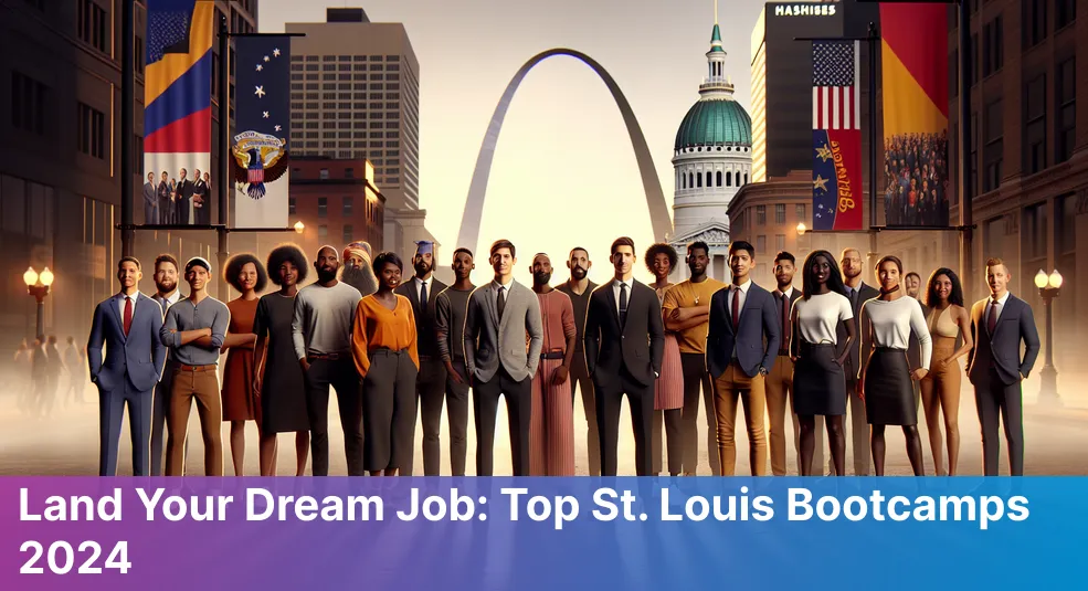 Skyline of St Louis, Missouri, with coding symbols representing bootcamps with job guarantees in 2024.