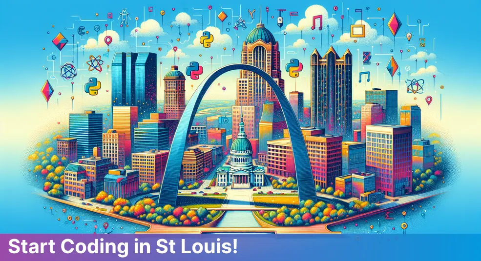 St Louis, Missouri skyline with coding symbols representing learning programming languages.