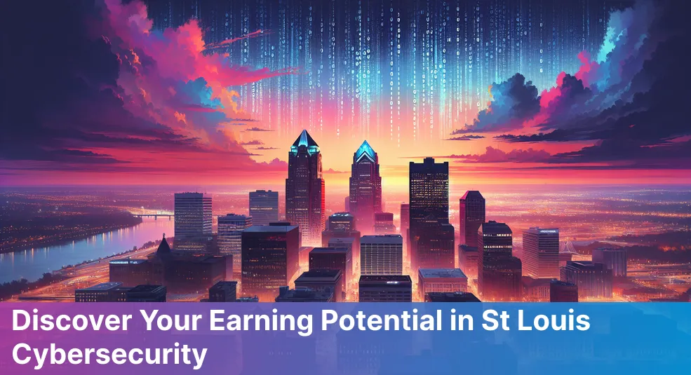 St Louis skyline with cybersecurity salary graph overlay