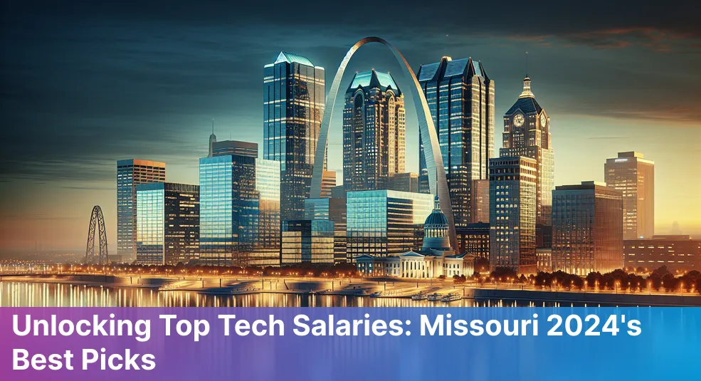 Cityscape of St. Louis with tech job icons, symbolizing top paid tech positions in 2024.