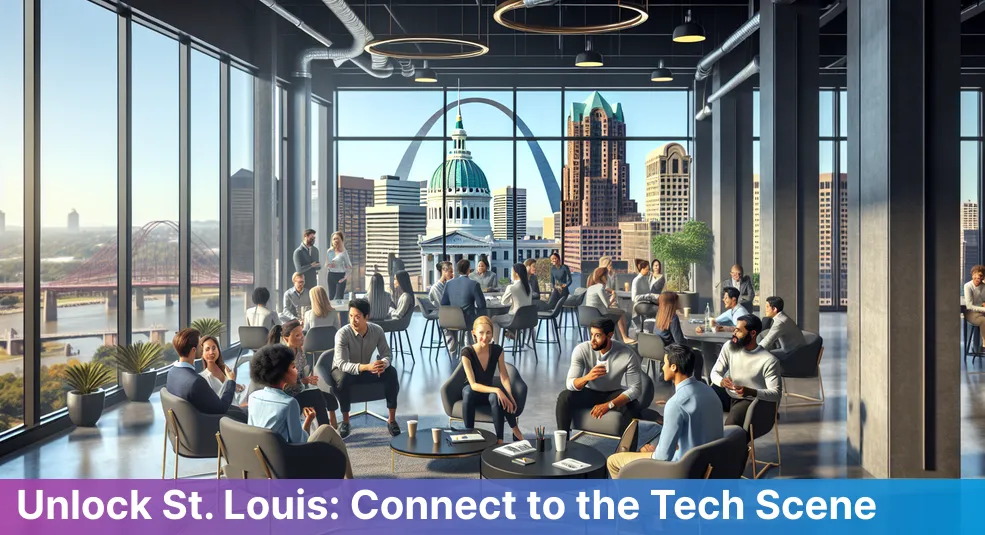 A bustling networking event in St Louis's tech scene featuring diverse professionals interacting.