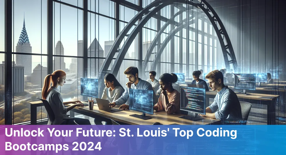 St Louis skyline with icons of popular coding bootcamps for 2024.